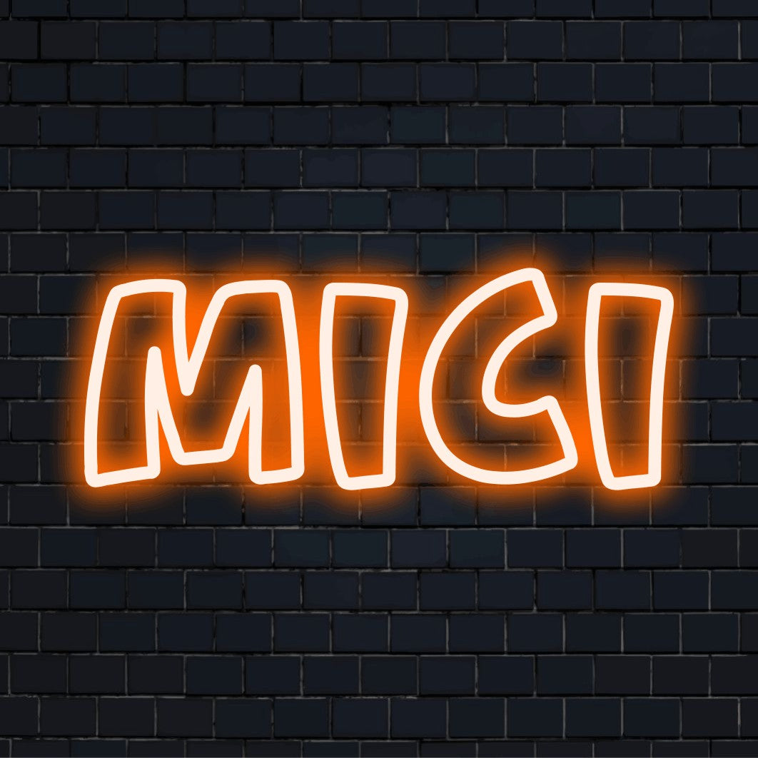 Mici Neon Sign, bright neon glow on dark brick background