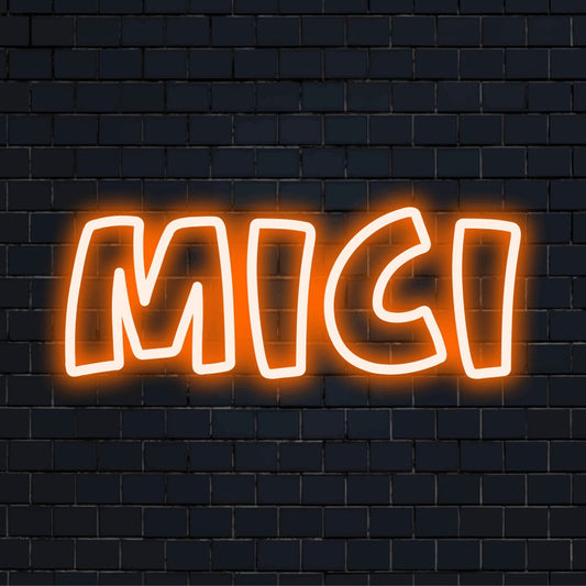 Mici Neon Sign, bright neon glow on dark brick background