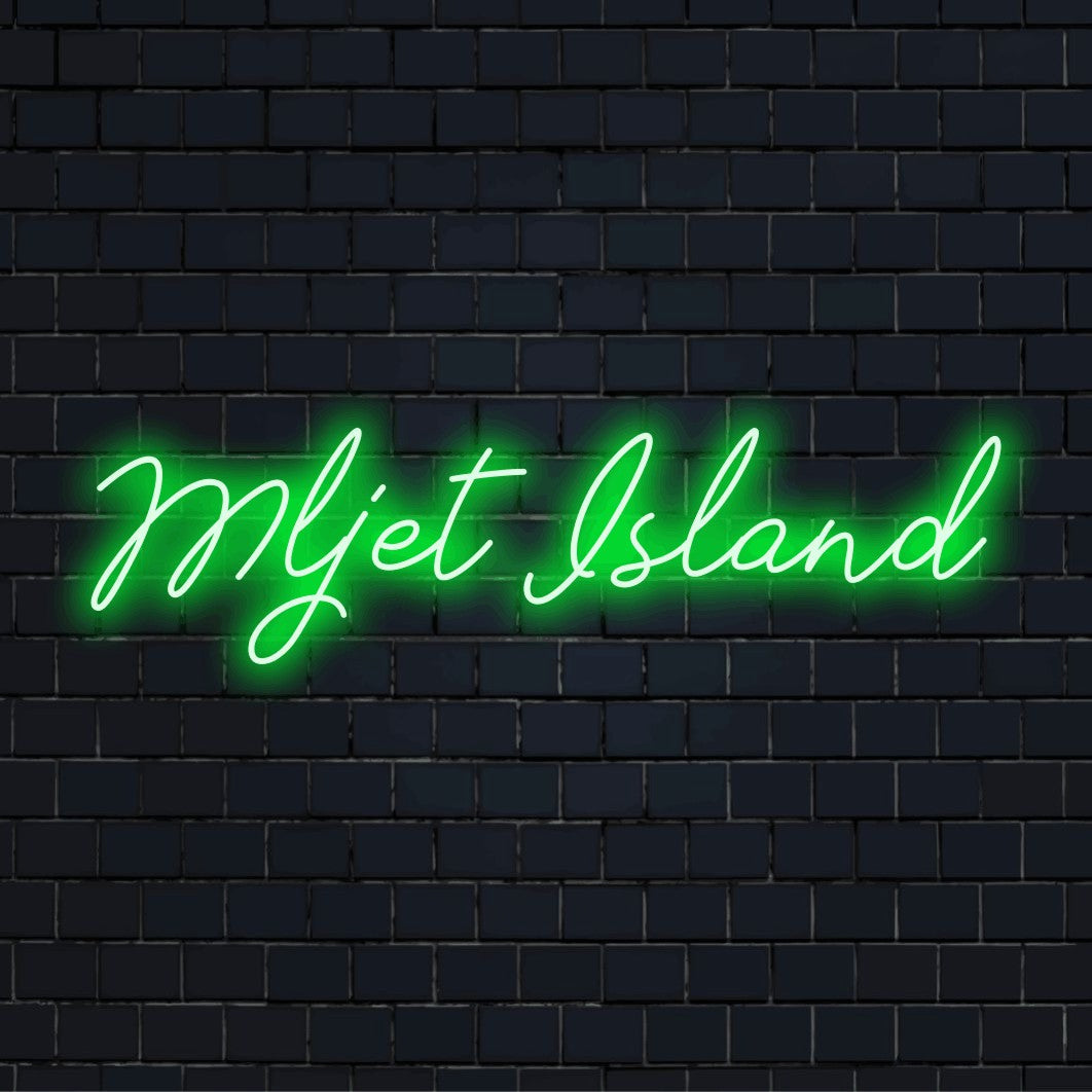 Mljet Island Neon Sign, bright neon lettering against black brick wall