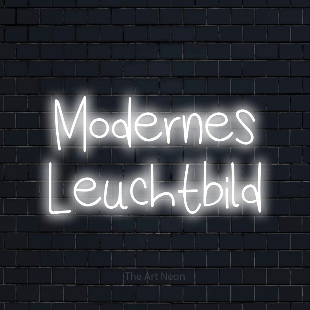 LED-Neonschild mit dem Text „Modernes Leuchtbild“ auf dunkler Ziegelwand