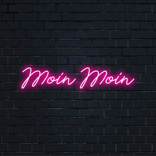 Moin Moin LED Neon Sign, bright neon lettering on black brick background