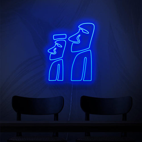 En förtrollande neonskylt med monumenten i Moai, ikoniska stenstatyer från Påskön. 