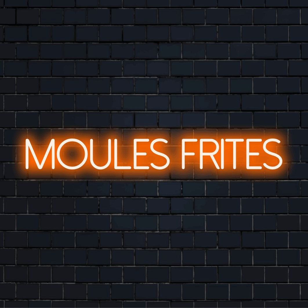 Moules Frites Neon Sign, bright LED glow on black brick background