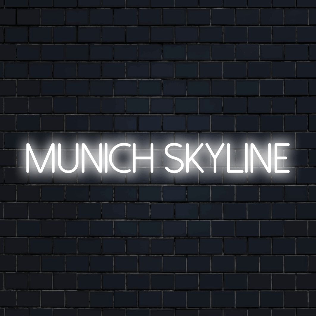 Munich Skyline Neon Sign, glowing neon text on dark brick background