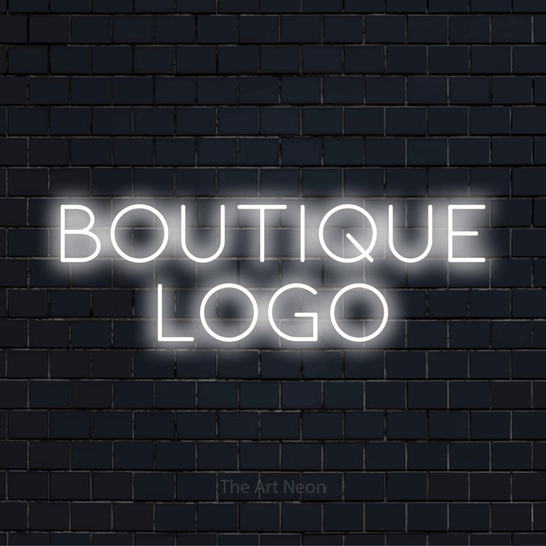 LED-Neonschild mit dem Design „Boutique Logo“ auf dunkler Ziegelwand