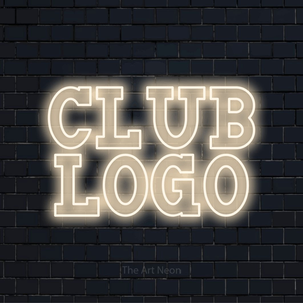 LED-Neonschild mit dem Design „Club Logo“ auf dunkler Ziegelwand