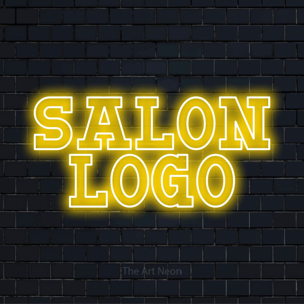 LED-Neonschild mit dem Design „Salon Logo“ auf dunkler Ziegelwand