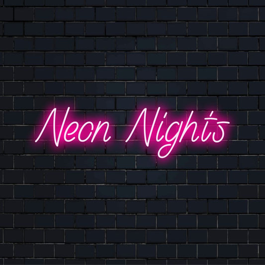Neon Nights Neon Sign, bright neon lettering on dark brick background