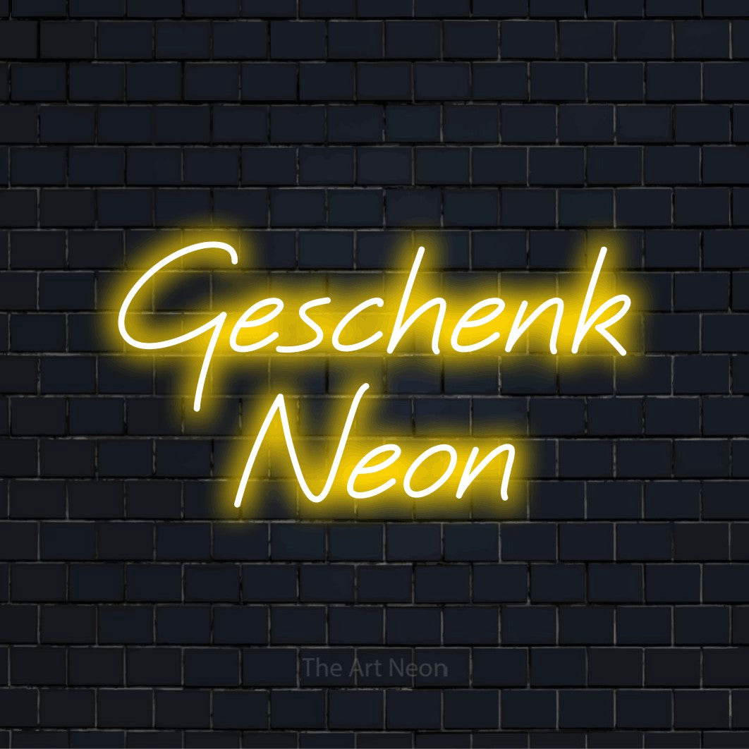 LED-Neonschild mit dem Text „Geschenk Neon“ auf dunkler Ziegelwand