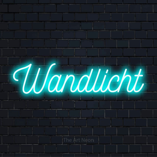 LED-Neonschild mit dem Text „Wandlicht“ auf dunkler Ziegelwand