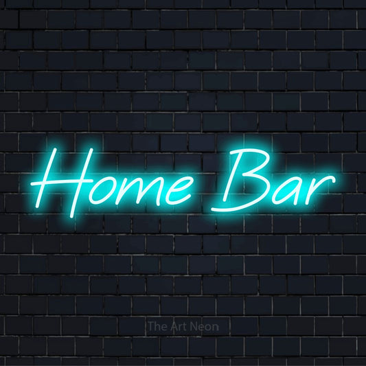 LED-Neonschild mit dem Text „Home Bar“ auf dunkler Ziegelwand