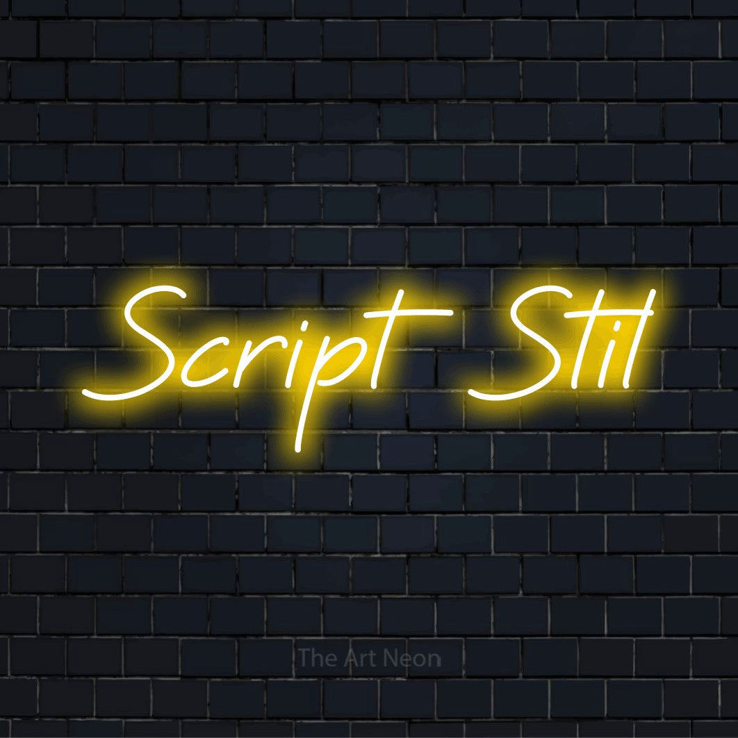 LED-Neonschild mit dem Text „Script Stil“ auf dunkler Ziegelwand