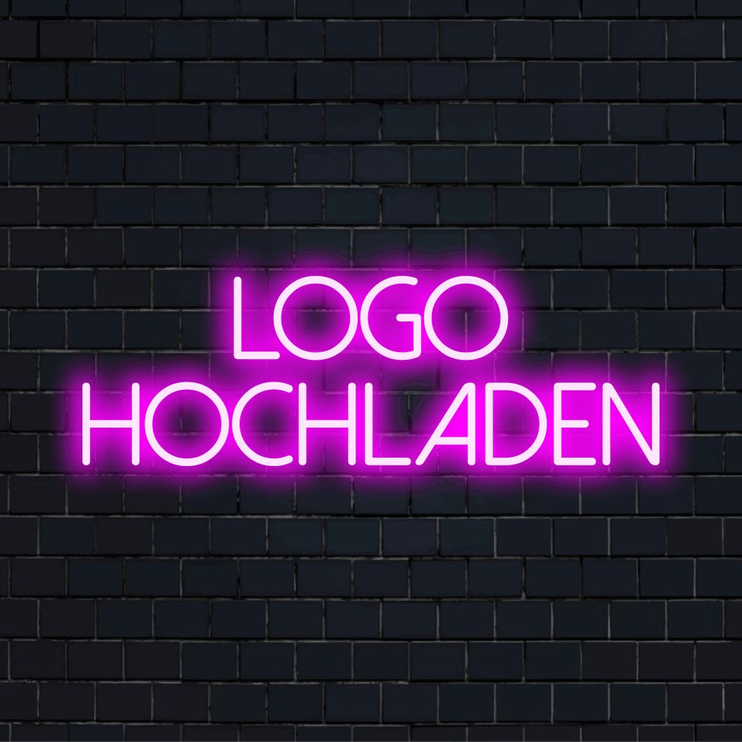 LED-Neonschild mit dem Design „Logo hochladen“ auf dunkler Ziegelwand