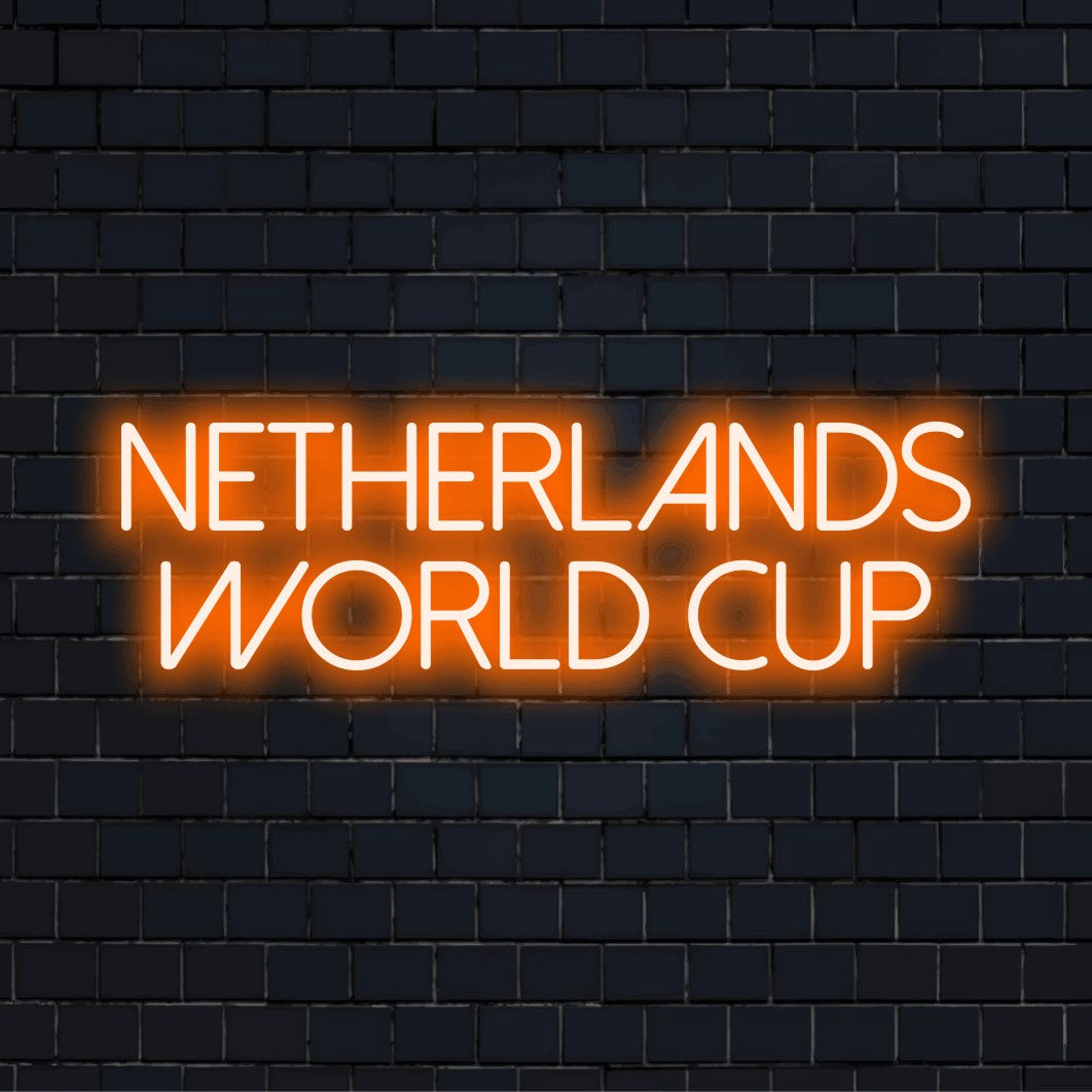 Netherlands World Cup Neon Sign, glowing neon text against brick backdrop