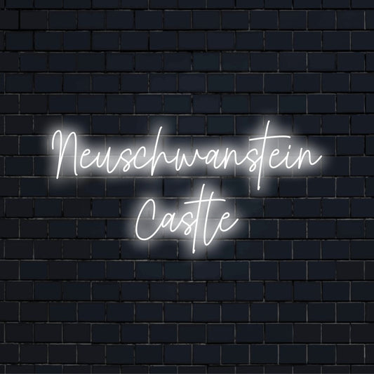 Neuschwanstein Castle LED Neon Sign, bright LED glow against black brick wall