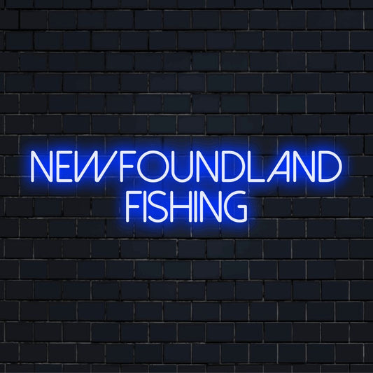 Newfoundland Fishing Neon Light with soft neon glow on dark brick background