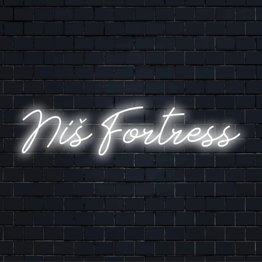 Ni Fortress Neon Light with neon text light against brick backdrop