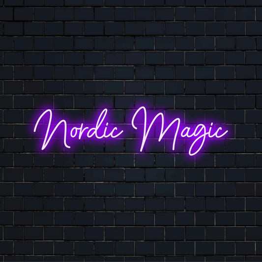 Nordic Magic Neon Sign, bright neon lettering on dark brick wall