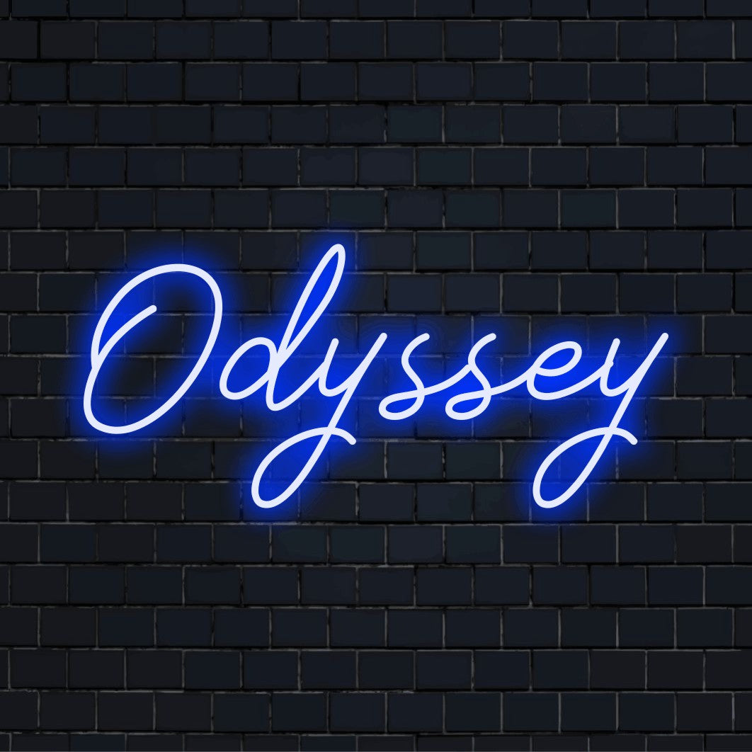 Odyssey Neon Sign, bright neon glow against black brick wall