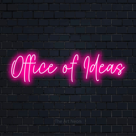 "Office Of Ideas" LED neon sign on a black brick wall