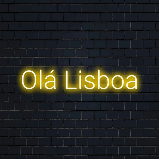 Ola Lisboa Neon Light with bright neon lettering on black brick background