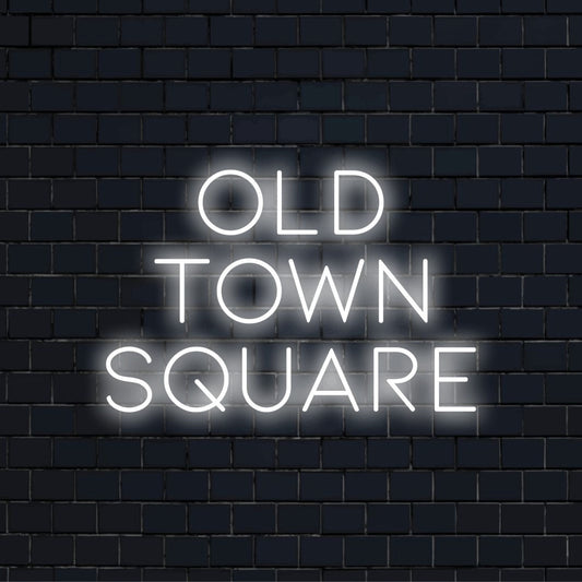 Old Town Square LED Neon Sign, glowing neon text against brick backdrop