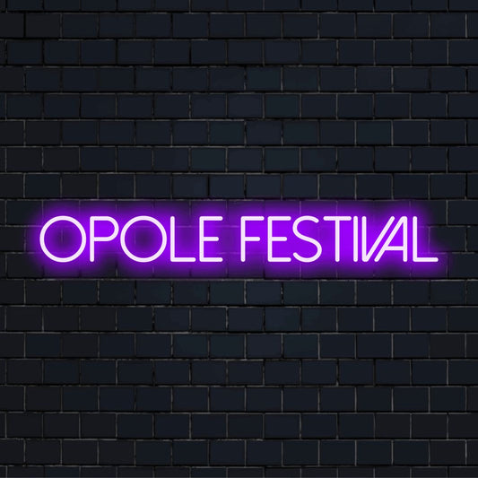 Opole Festival LED Neon Sign, bright neon lettering on dark brick wall