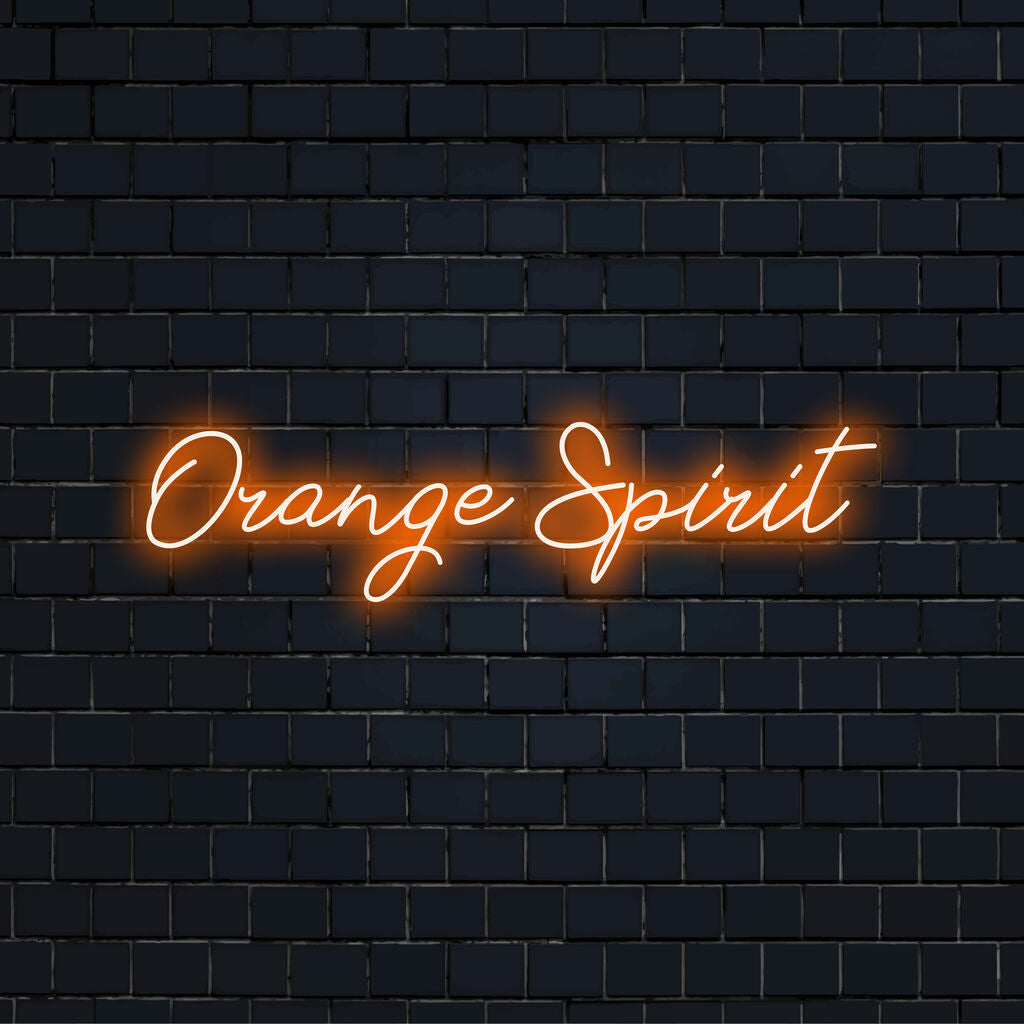 Orange Spirit LED Neon Sign, bright neon lettering on dark brick background