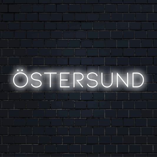 Ostersund Neon Sign, bright LED glow on dark brick background