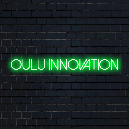 Oulu Innovation Neon Light with bright neon lettering on dark brick wall