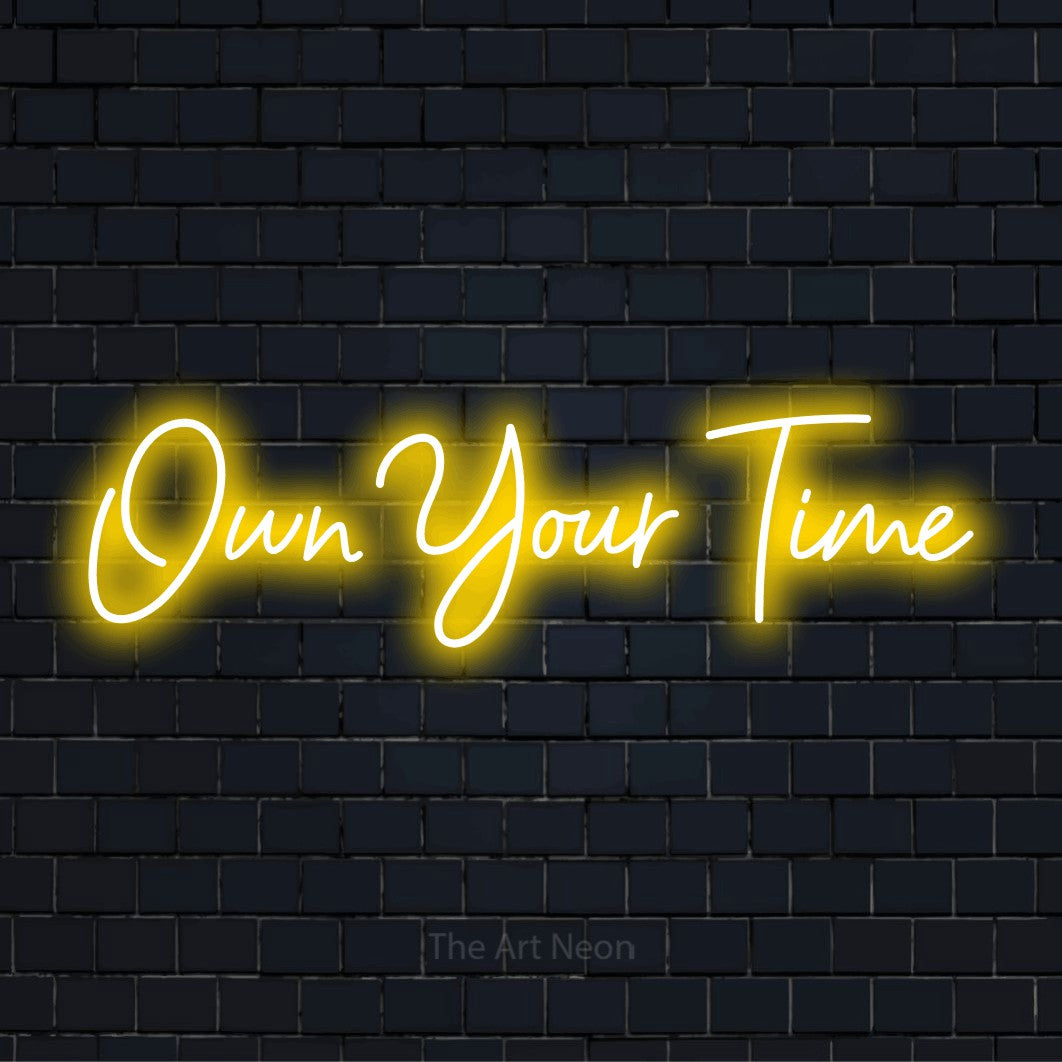"Own Your Time" glowing LED neon sign on a black brick wall