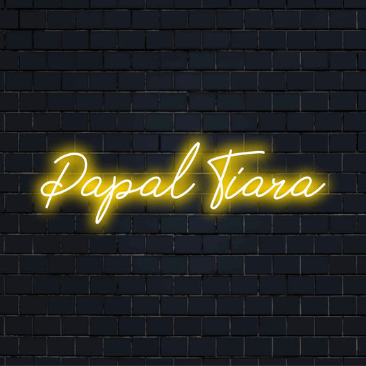 Papal Tiara LED Neon Sign, neon text light against brick backdrop