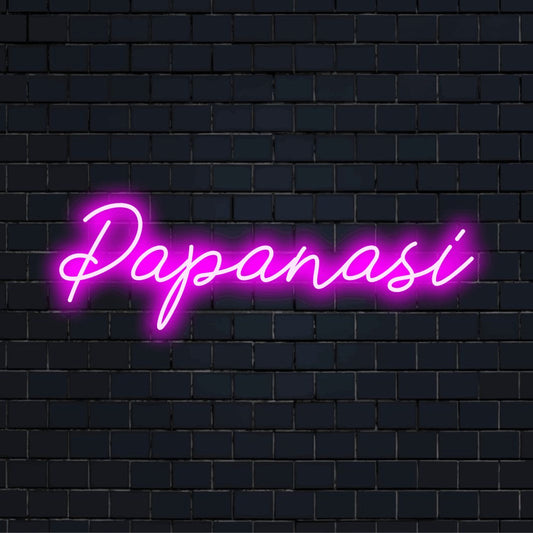 Papanasi LED Neon Sign, bright LED glow on dark brick background