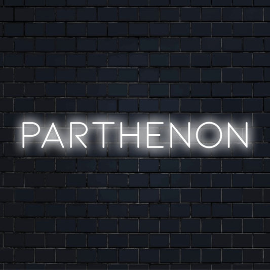 Parthenon Neon Sign, glowing neon text on dark brick background