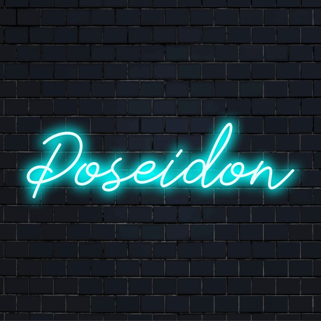 Poseidon LED Neon Sign, glowing neon text on black brick background