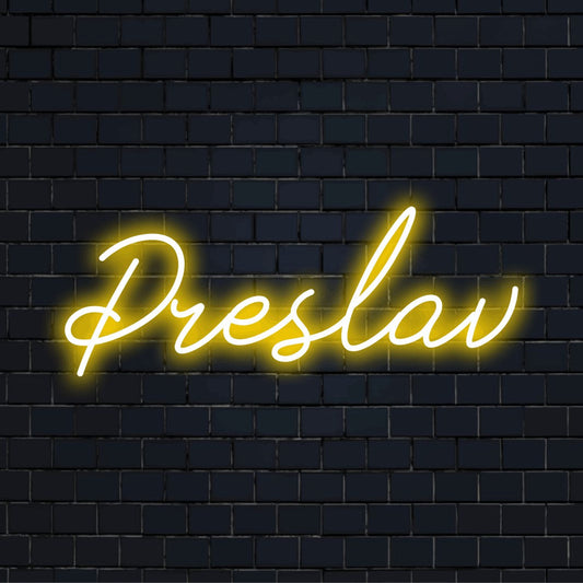 Preslav Neon Light with soft neon glow on dark brick background