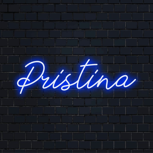 Pristina LED Neon Sign, neon text light against brick backdrop
