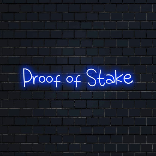 Proof Of Stake Neon Sign, glowing lettering on black brick background