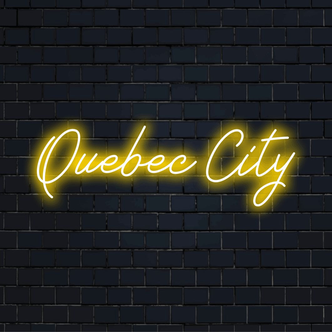 Quebec City LED Neon Sign, bright LED glow on dark brick wall