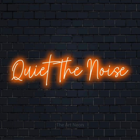 "Quiet The Noise" text design with neon effect on a black brick wall