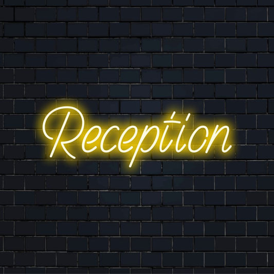 Reception Neon Sign, glowing neon text against black brick wall