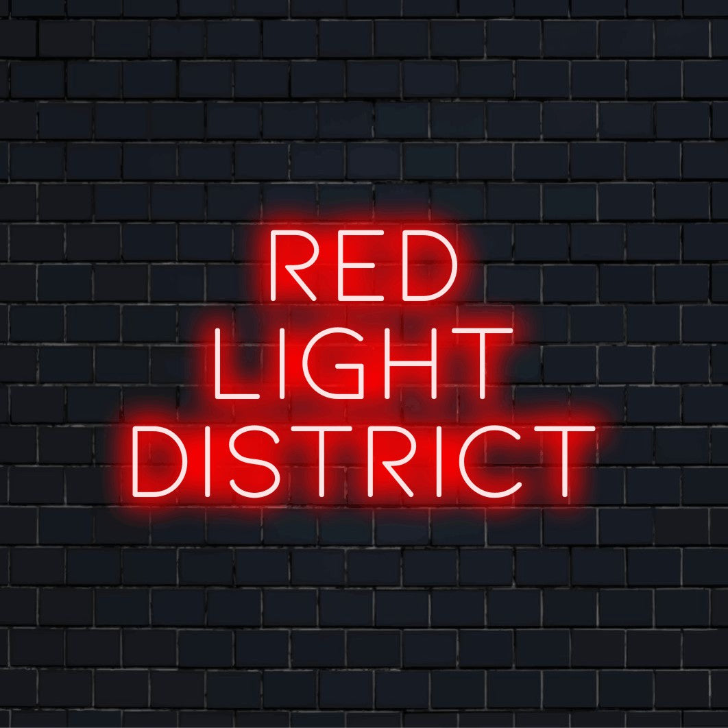 Red Light District Neon Sign, bright LED glow on dark brick background