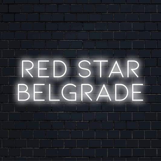 Red Star Belgrade Neon Sign, glowing lettering on black brick background
