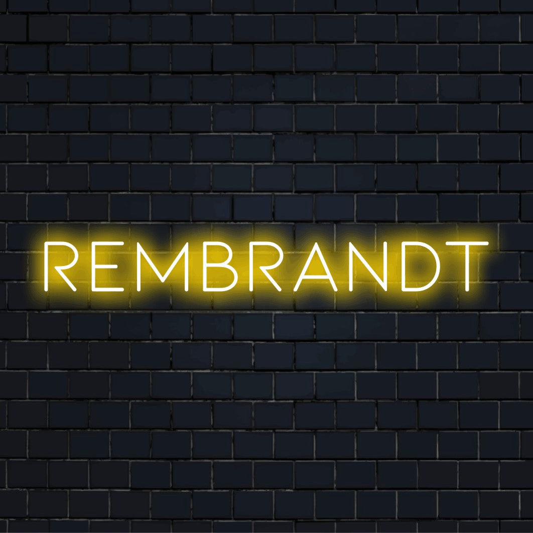 Rembrandt Neon Sign, neon text light on black brick background