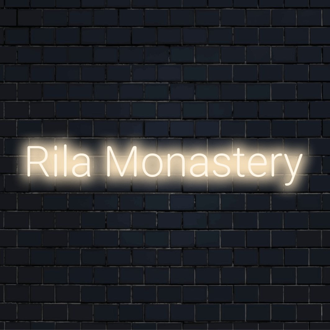 Rila Monastery LED Neon Sign, soft neon glow on dark brick background