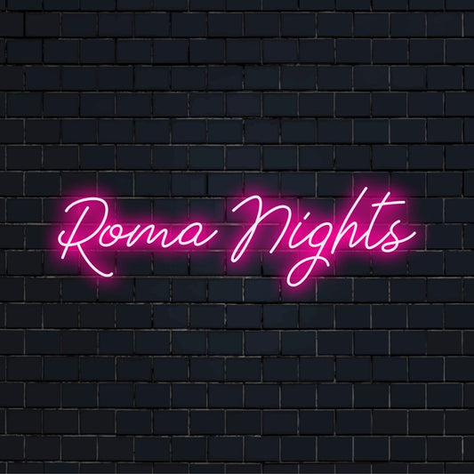 Roma Nights Neon Sign, glowing wall decor against black brick wall