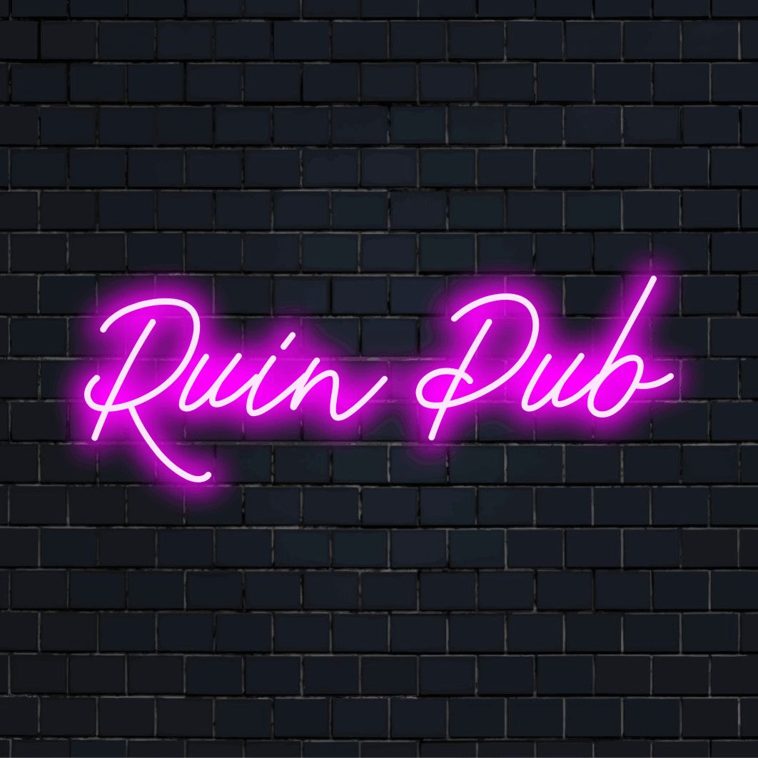 Ruin Pub LED Neon Sign, bright LED glow on dark brick background