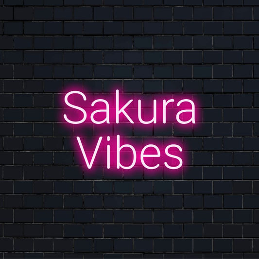 Sakura Vibes Neon Light with glowing neon text against brick backdrop