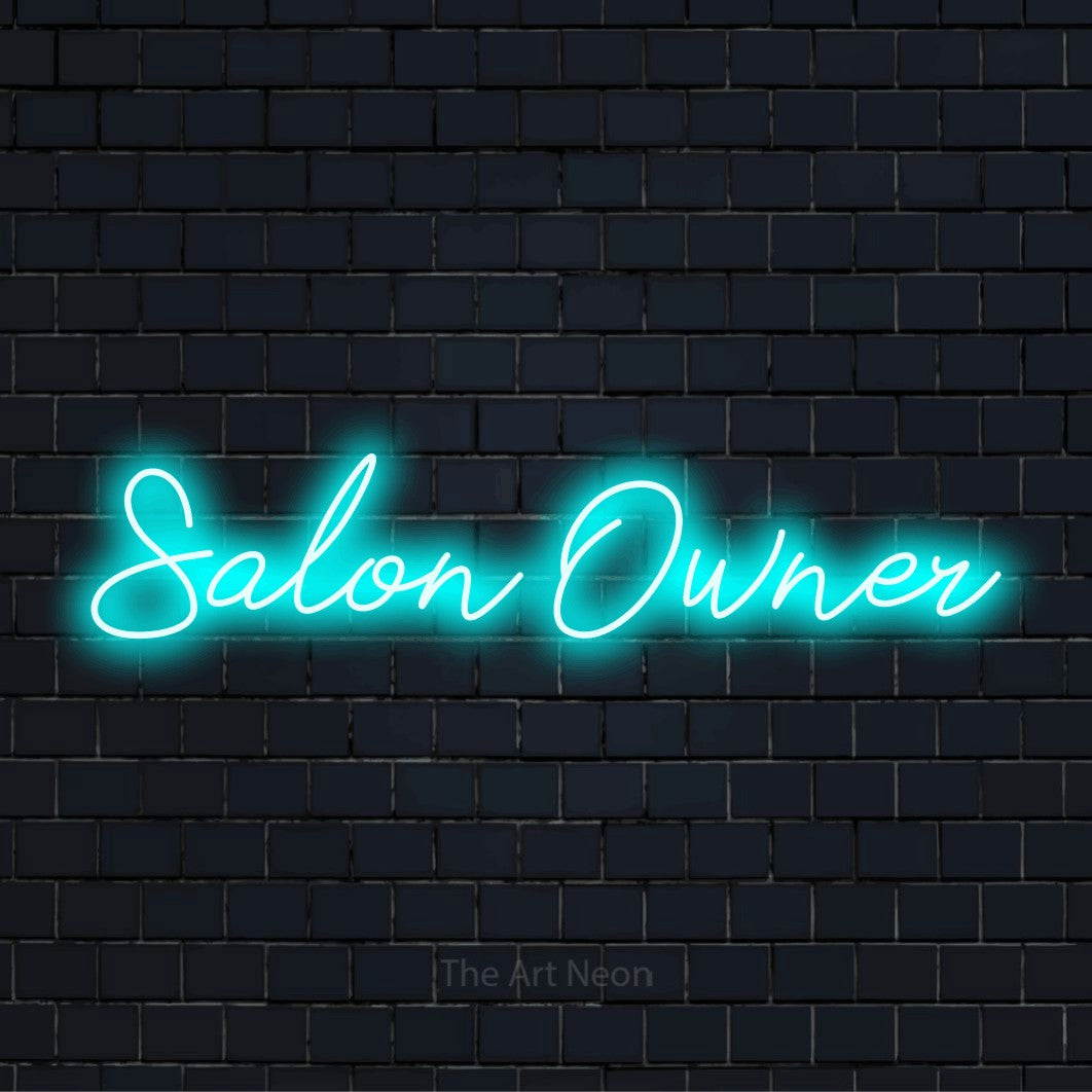 "Salon Owner" text design with neon effect on a black brick wall