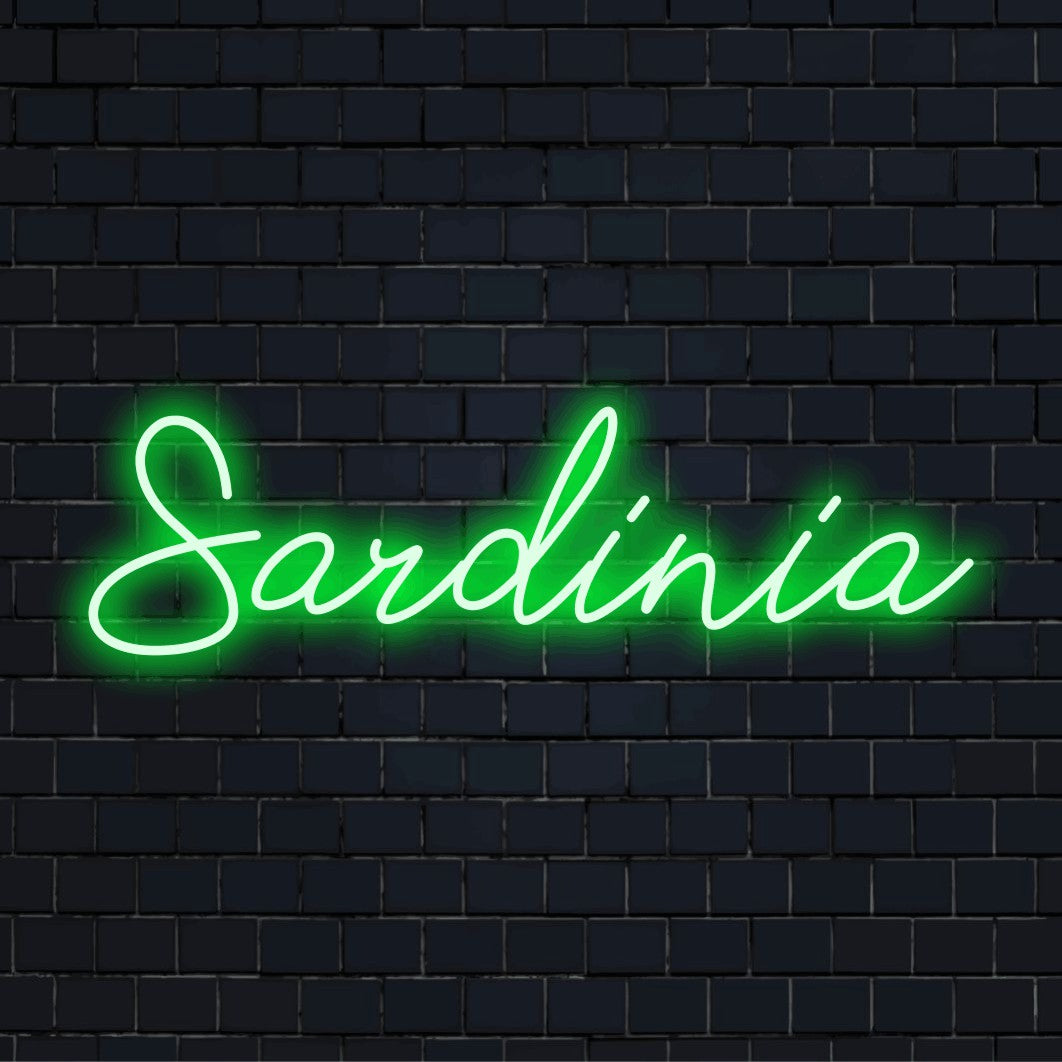 Sardinia Neon Sign, glowing wall decor on black brick background